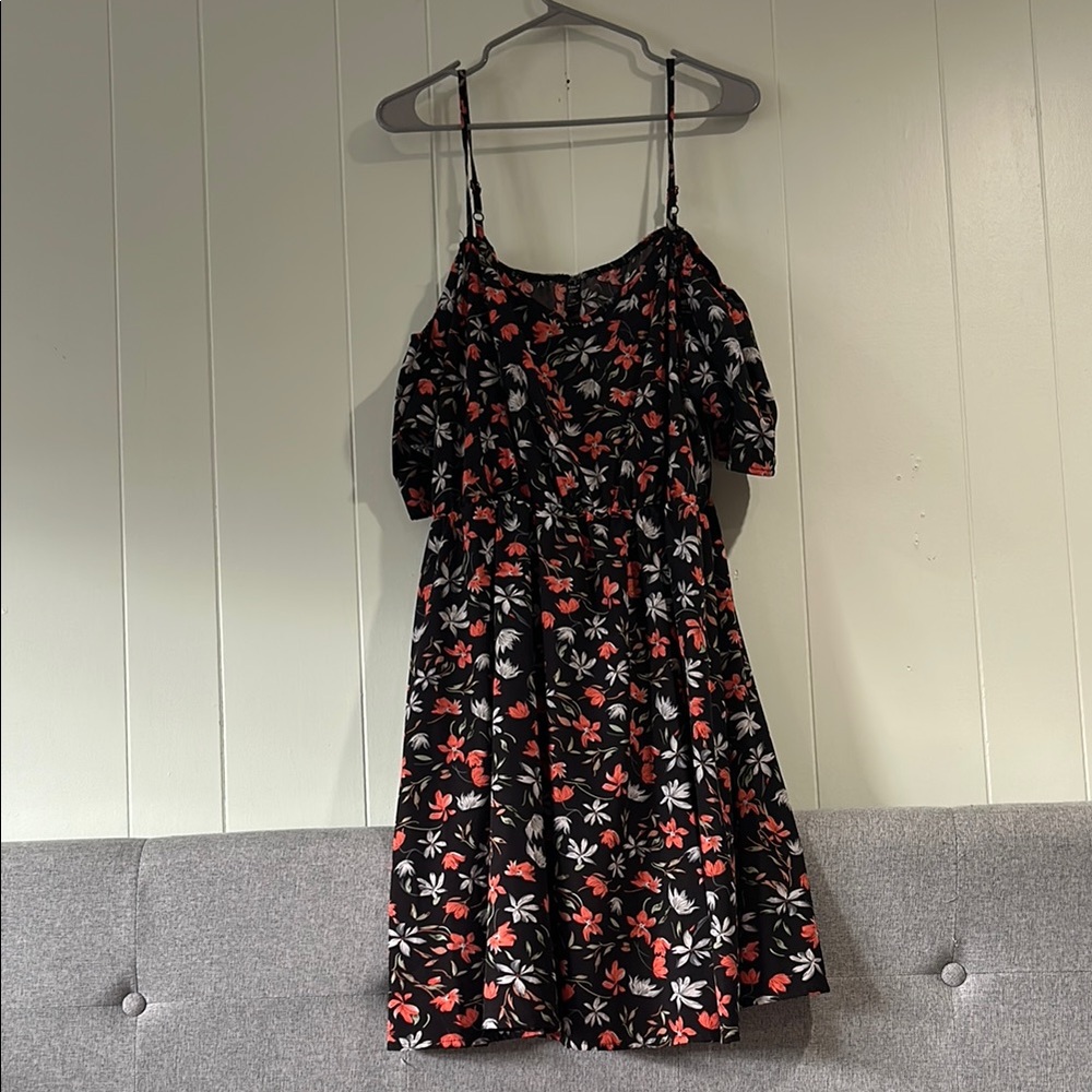Floral Black Dress with Red and White Accents
